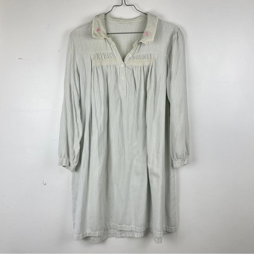 Vintage Ultra Soft Cotton Flannel Striped Babydoll Smocked Long Sleeve Nightgown